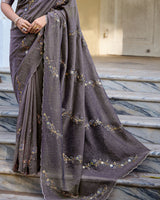 Vishal Prints Dark Purplish Grey Designer Soft Silk Saree With Embroidery Diamond Work And Cut Work Border