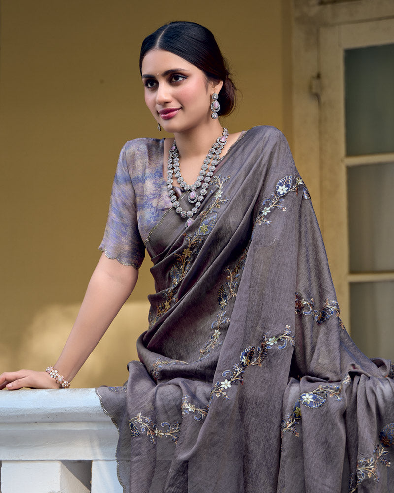 Vishal Prints Dark Purplish Grey Designer Soft Silk Saree With Embroidery Diamond Work And Cut Work Border