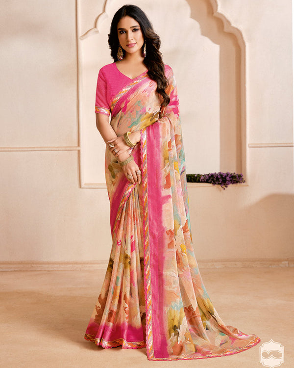 Vishal Prints Rosy Pink Designer Fancy Chiffon Digital Print Saree With Cut Work Printed Border
