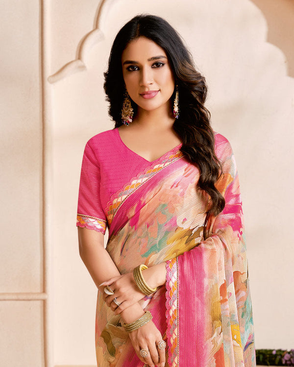 Vishal Prints Rosy Pink Designer Fancy Chiffon Digital Print Saree With Cut Work Printed Border