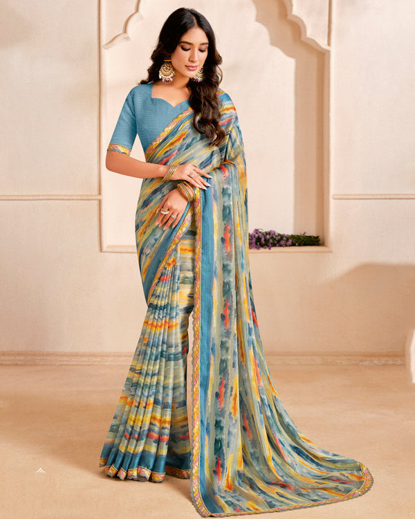 Vishal Prints Dusty Blue Designer Fancy Chiffon Digital Print Saree With Cut Work Printed Border