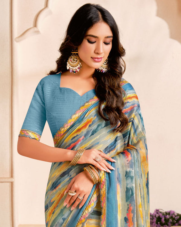 Vishal Prints Dusty Blue Designer Fancy Chiffon Digital Print Saree With Cut Work Printed Border