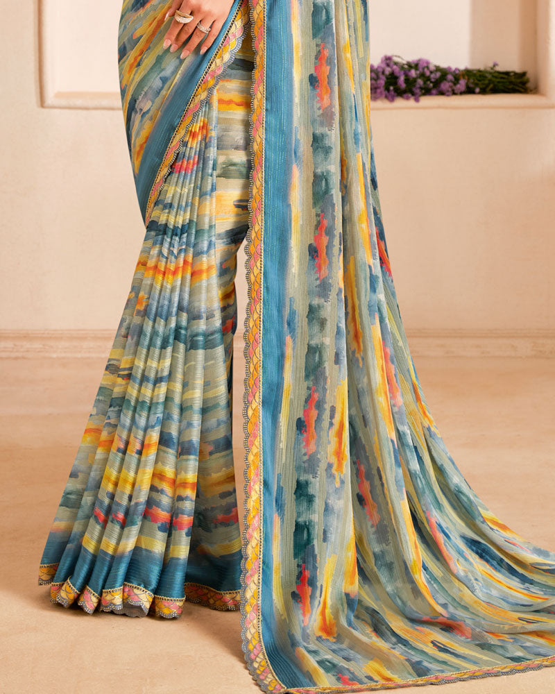 Vishal Prints Dusty Blue Designer Fancy Chiffon Digital Print Saree With Cut Work Printed Border