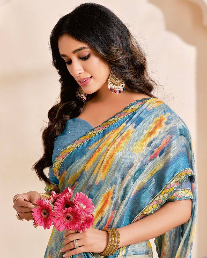 Vishal Prints Dusty Blue Designer Fancy Chiffon Digital Print Saree With Cut Work Printed Border