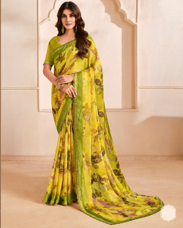 Vishal Prints Avocado Green Designer Fancy Chiffon Digital Print Saree With Cut Work Printed Border