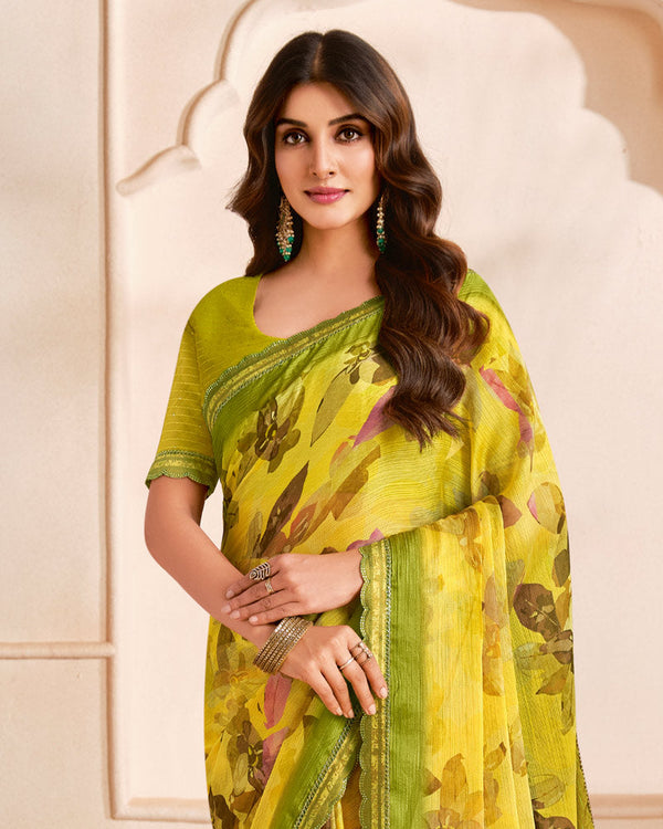 Vishal Prints Avocado Green Designer Fancy Chiffon Digital Print Saree With Cut Work Printed Border