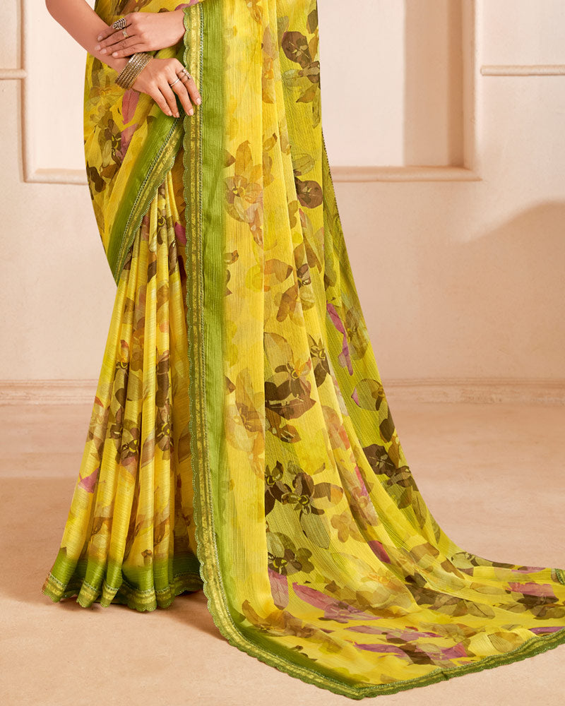 Vishal Prints Avocado Green Designer Fancy Chiffon Digital Print Saree With Cut Work Printed Border