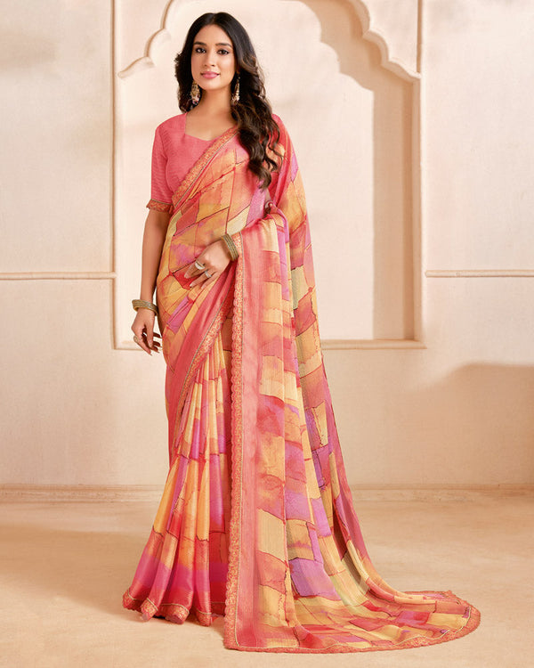 Vishal Prints Orange Salmon Designer Fancy Chiffon Digital Print Saree With Cut Work Printed Border