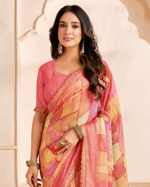 Vishal Prints Orange Salmon Designer Fancy Chiffon Digital Print Saree With Cut Work Printed Border