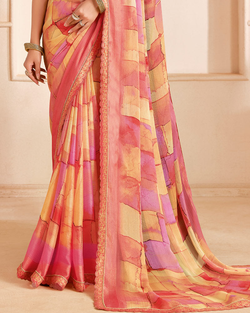Vishal Prints Orange Salmon Designer Fancy Chiffon Digital Print Saree With Cut Work Printed Border