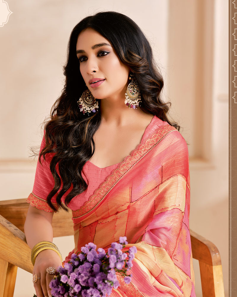 Vishal Prints Orange Salmon Designer Fancy Chiffon Digital Print Saree With Cut Work Printed Border