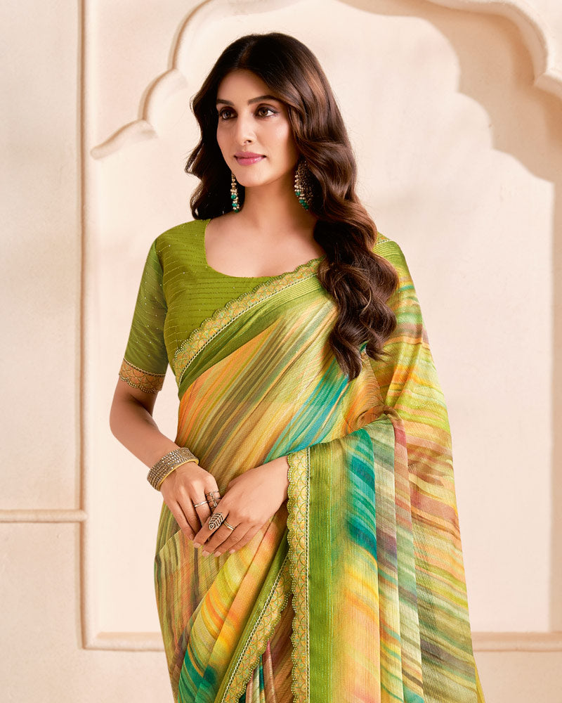 Vishal Prints Pale Orange Designer Fancy Chiffon Digital Print Saree With Cut Work Printed Border