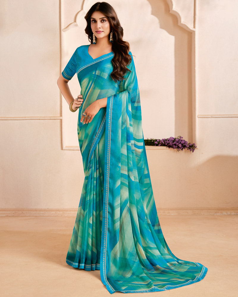 Vishal Prints Deep Sea Blue Designer Fancy Chiffon Digital Print Saree With Fancy Border