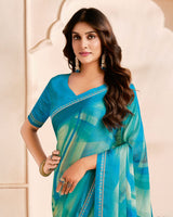 Vishal Prints Deep Sea Blue Designer Fancy Chiffon Digital Print Saree With Fancy Border