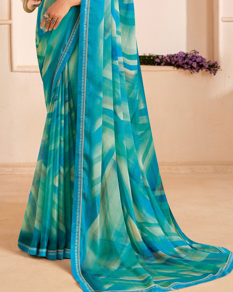 Vishal Prints Deep Sea Blue Designer Fancy Chiffon Digital Print Saree With Fancy Border