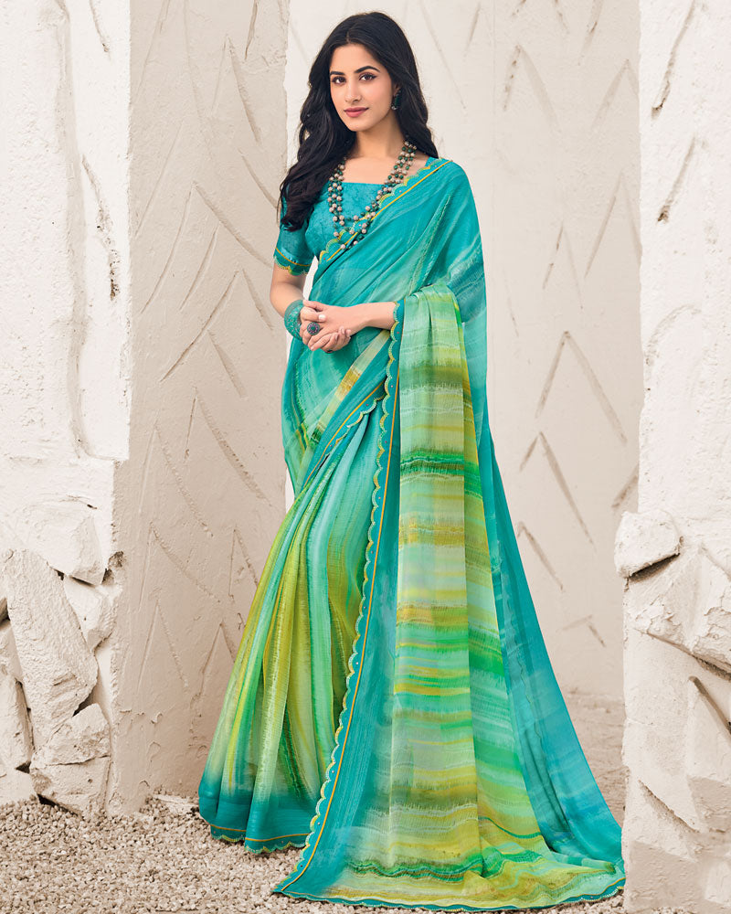 Vishal Prints Persian Green Designer Fancy Chiffon Digital Print Saree With Cut Work Border