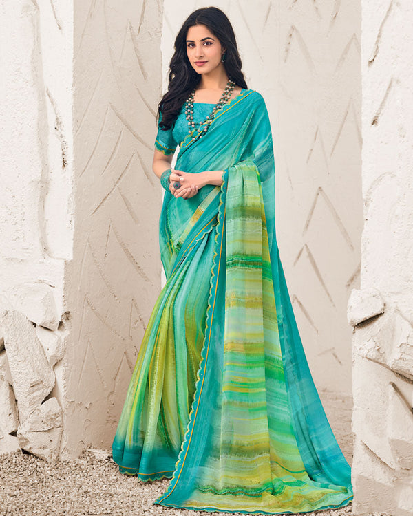 Vishal Prints Persian Green Designer Fancy Chiffon Digital Print Saree With Cut Work Border
