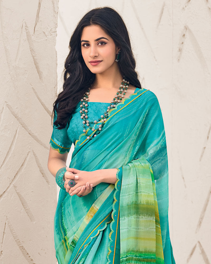 Vishal Prints Persian Green Designer Fancy Chiffon Digital Print Saree With Cut Work Border