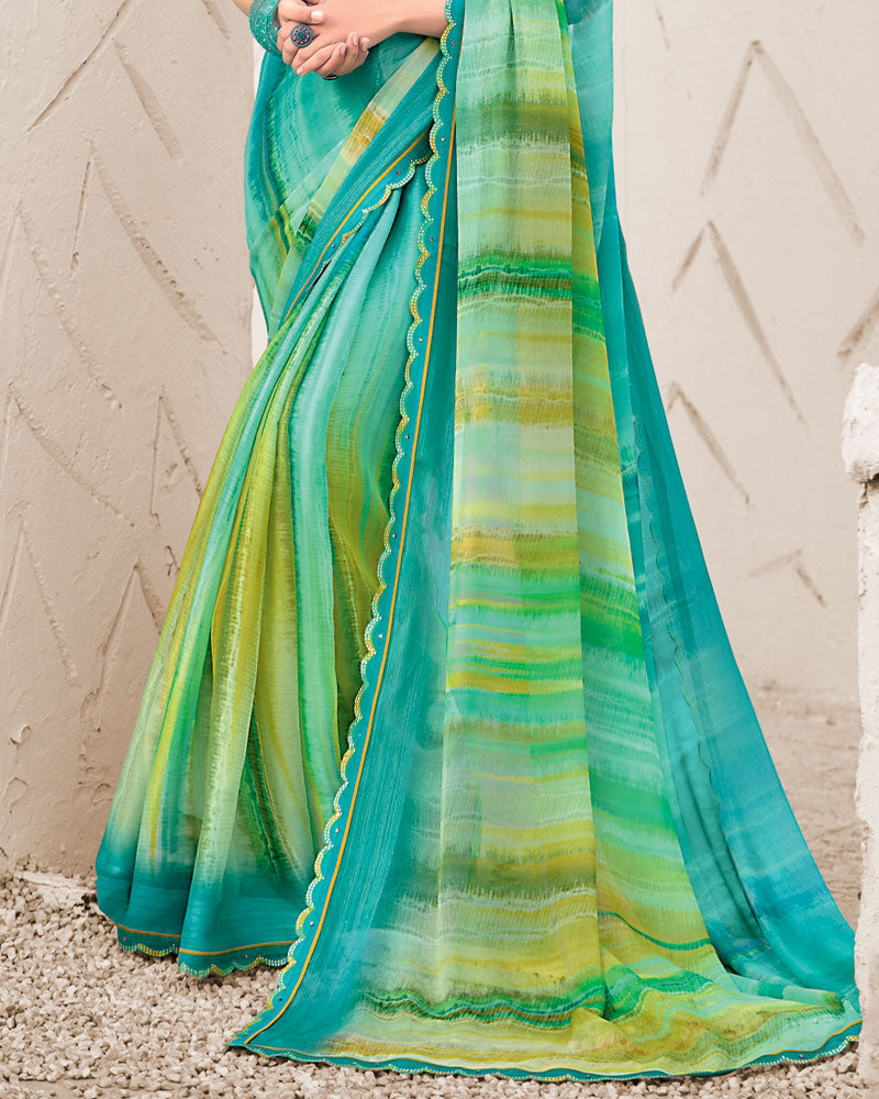 Vishal Prints Persian Green Designer Fancy Chiffon Digital Print Saree With Cut Work Border