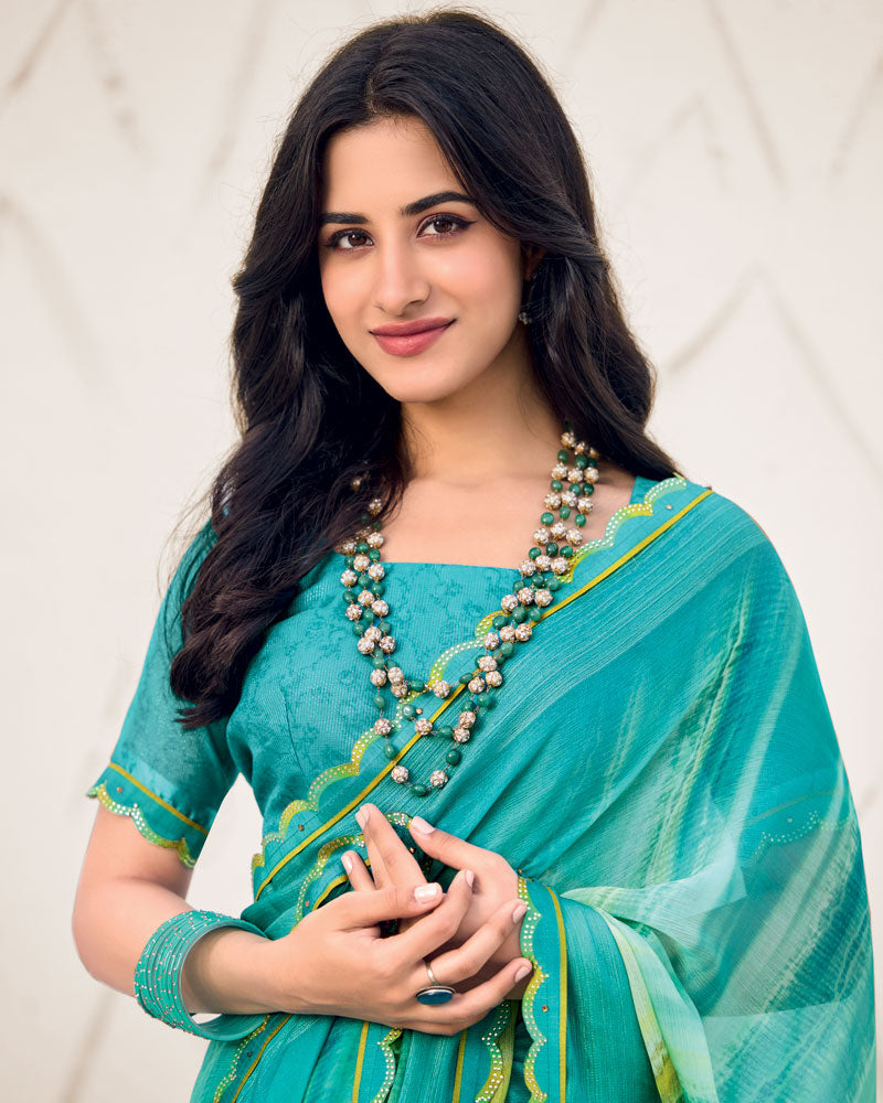 Vishal Prints Persian Green Designer Fancy Chiffon Digital Print Saree With Cut Work Border