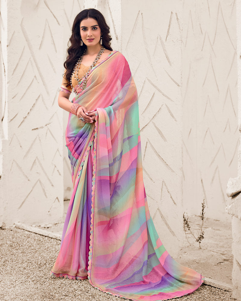 Vishal Prints Cadillac Pink Designer Fancy Chiffon Digital Print Saree With Cut Work Border