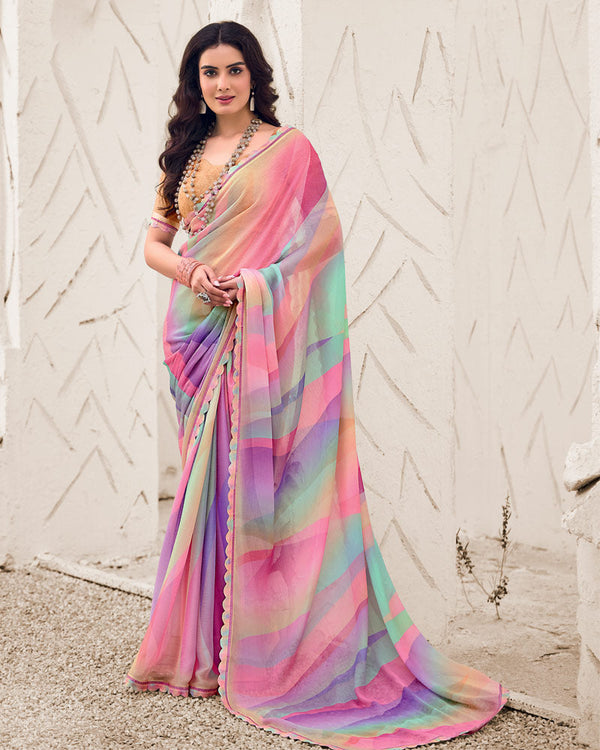 Vishal Prints Cadillac Pink Designer Fancy Chiffon Digital Print Saree With Cut Work Border