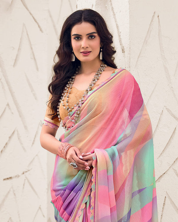 Vishal Prints Cadillac Pink Designer Fancy Chiffon Digital Print Saree With Cut Work Border
