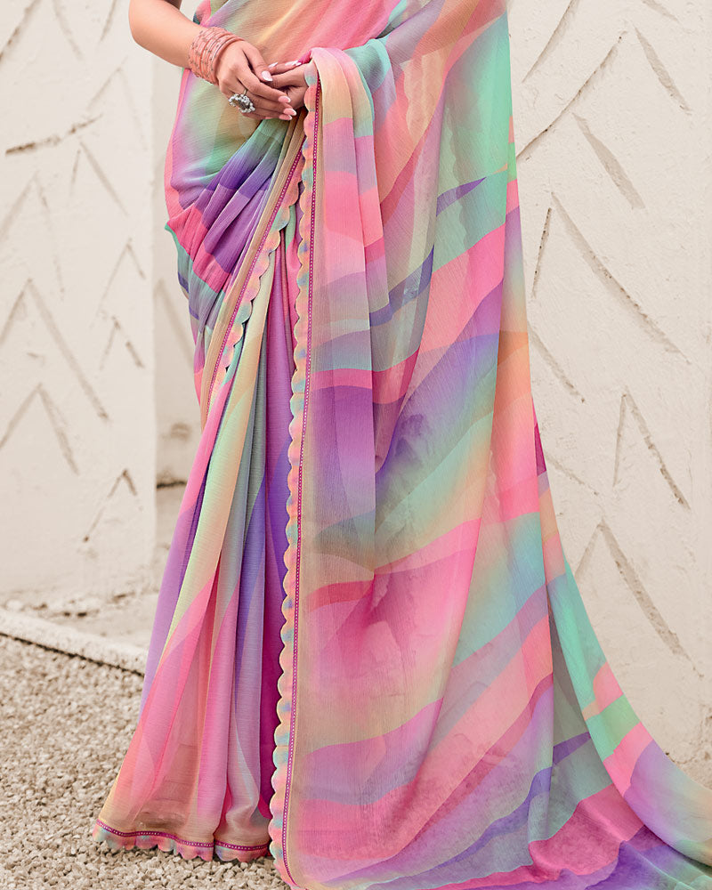 Vishal Prints Cadillac Pink Designer Fancy Chiffon Digital Print Saree With Cut Work Border
