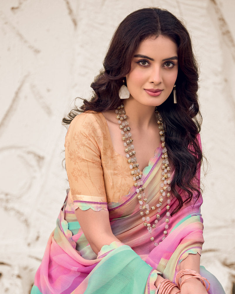 Vishal Prints Cadillac Pink Designer Fancy Chiffon Digital Print Saree With Cut Work Border