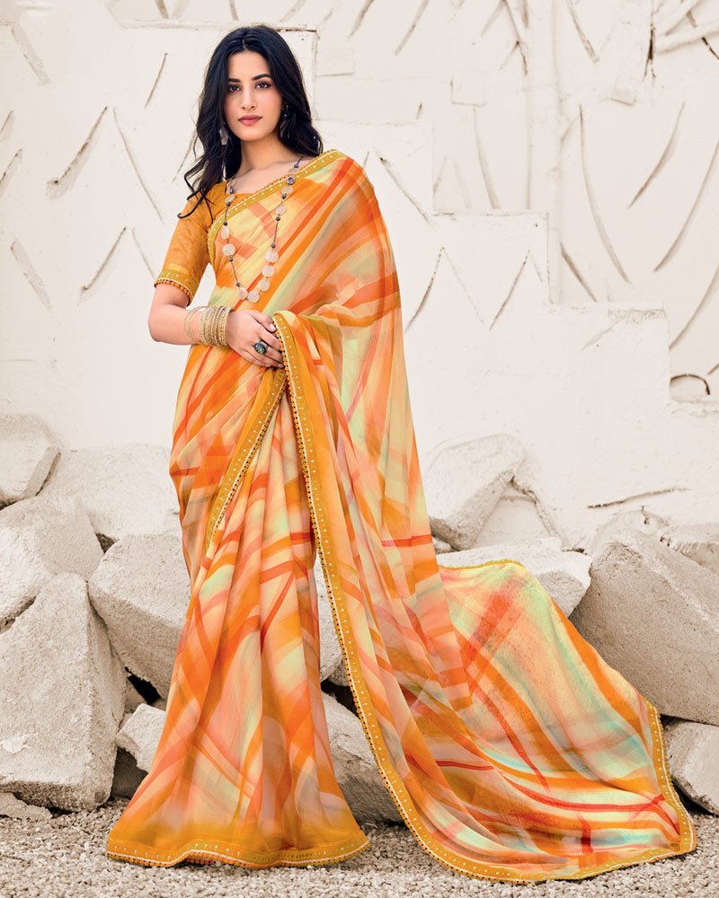 Vishal Prints Carrot Orange Designer Fancy Chiffon Digital Print Saree With Border
