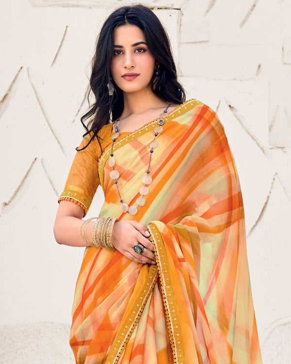 Vishal Prints Carrot Orange Designer Fancy Chiffon Digital Print Saree With Border