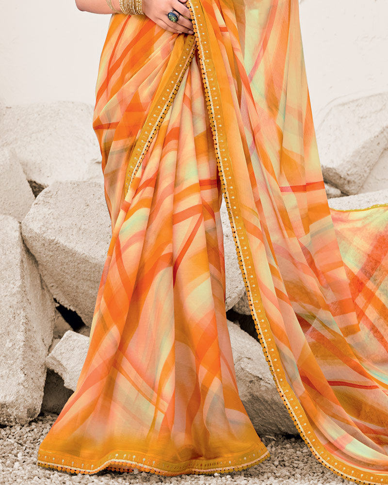 Vishal Prints Carrot Orange Designer Fancy Chiffon Digital Print Saree With Border