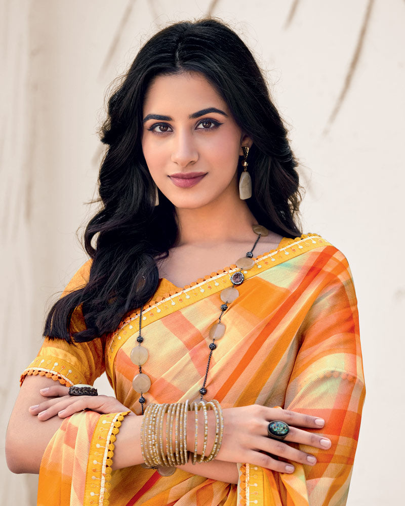 Vishal Prints Carrot Orange Designer Fancy Chiffon Digital Print Saree With Border