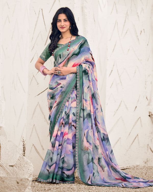 Vishal Prints Dark Pastel Blue Designer Fancy Chiffon Digital Print Saree With Cut Work Border