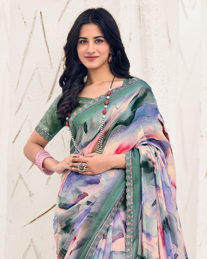 Vishal Prints Dark Pastel Blue Designer Fancy Chiffon Digital Print Saree With Cut Work Border