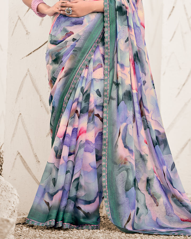Vishal Prints Dark Pastel Blue Designer Fancy Chiffon Digital Print Saree With Cut Work Border