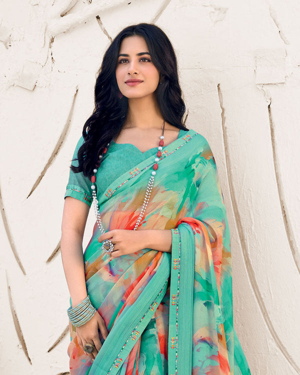 Vishal Prints Neptune Green Designer Fancy Chiffon Digital Print Saree With Border