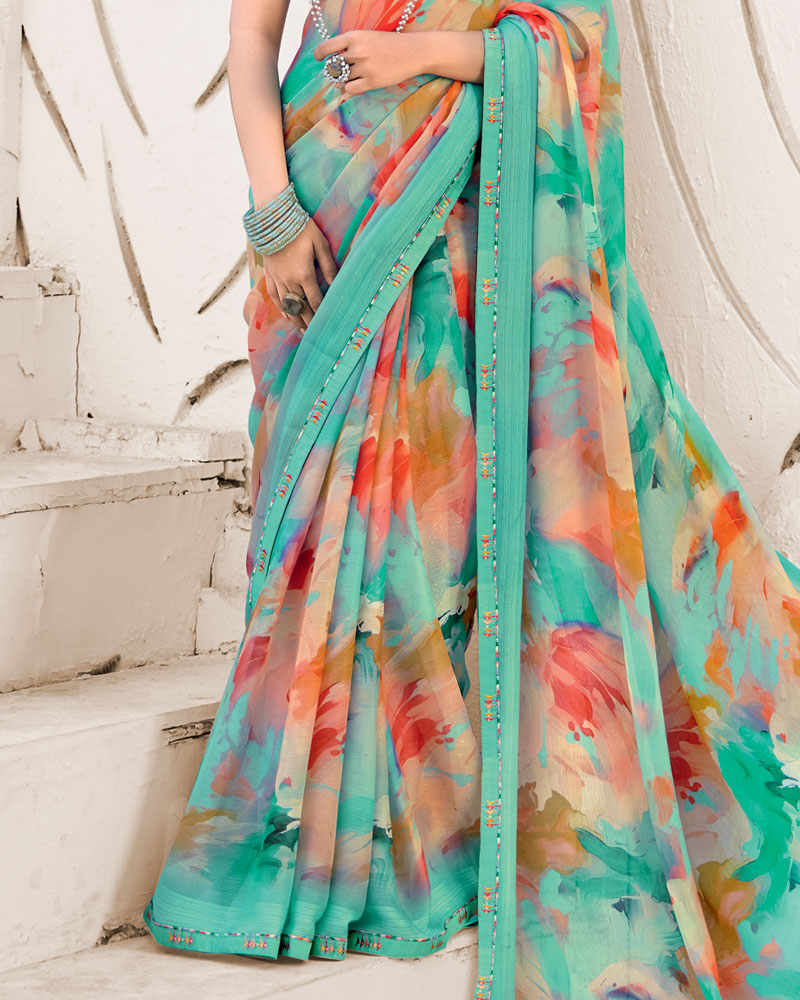 Vishal Prints Neptune Green Designer Fancy Chiffon Digital Print Saree With Border