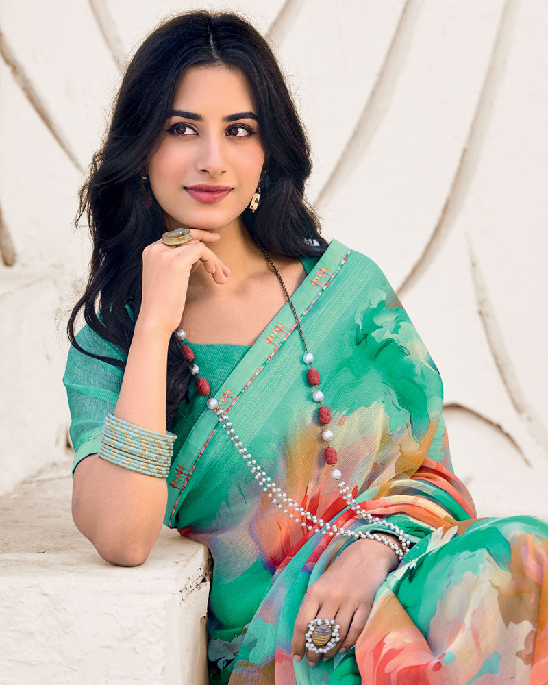 Vishal Prints Neptune Green Designer Fancy Chiffon Digital Print Saree With Border