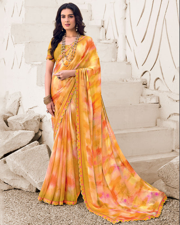 Vishal Prints Pumpkin Orange Designer Fancy Chiffon Digital Print Saree With Cut Work Border