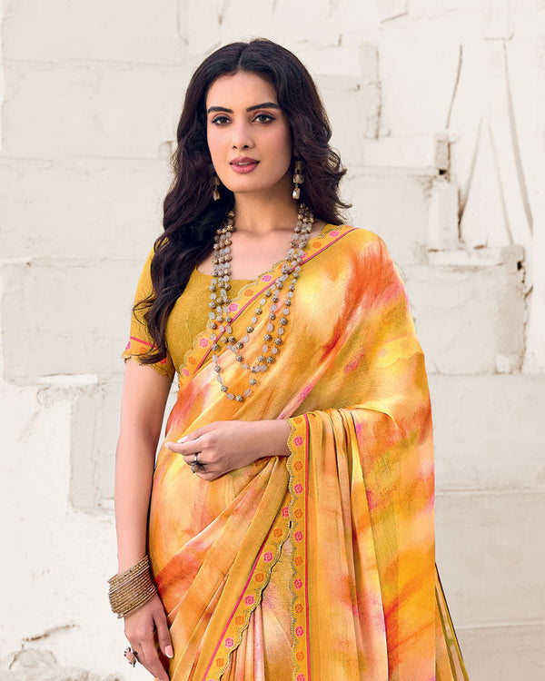Vishal Prints Pumpkin Orange Designer Fancy Chiffon Digital Print Saree With Cut Work Border