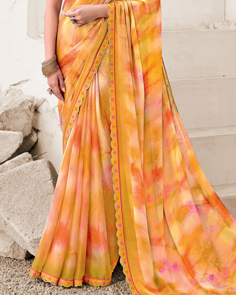 Vishal Prints Pumpkin Orange Designer Fancy Chiffon Digital Print Saree With Cut Work Border
