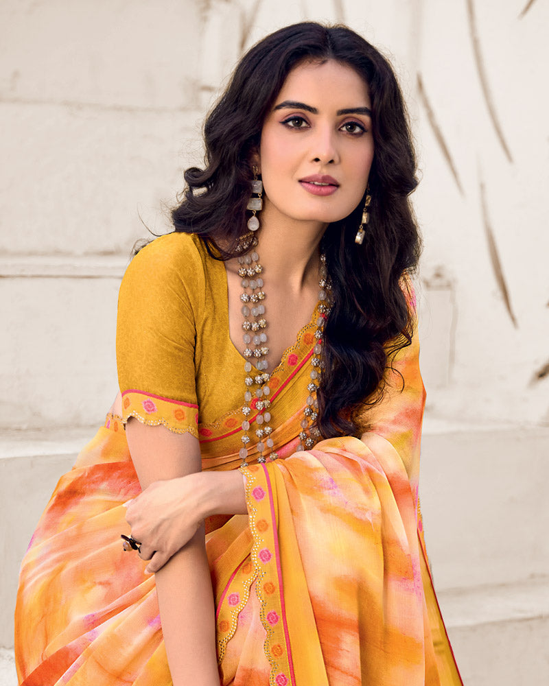 Vishal Prints Pumpkin Orange Designer Fancy Chiffon Digital Print Saree With Cut Work Border