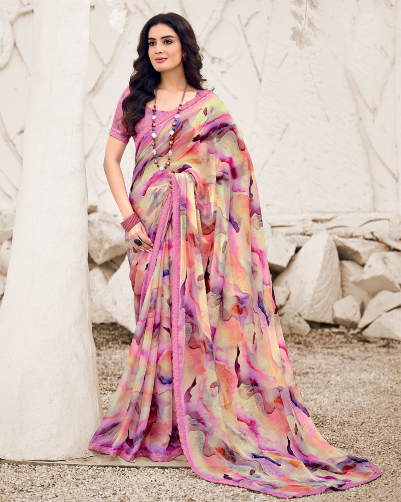 Vishal Prints Deep Blush Pink Designer Fancy Chiffon Digital Print Saree With Border