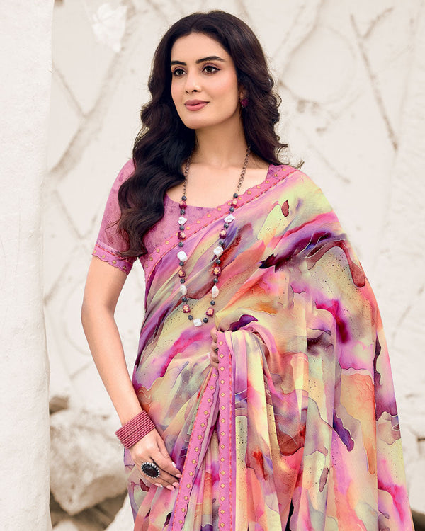Vishal Prints Deep Blush Pink Designer Fancy Chiffon Digital Print Saree With Border