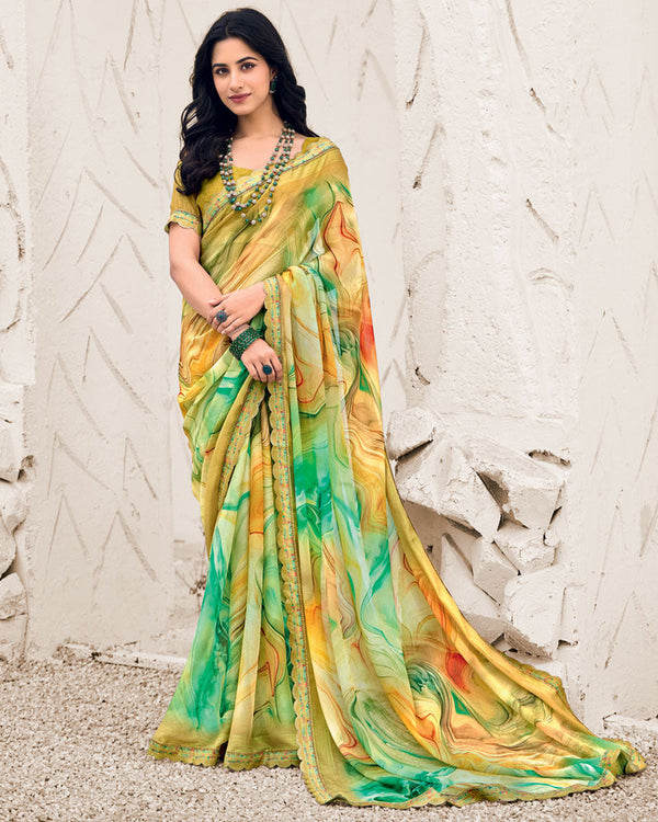 Vishal Prints Turmeric Yellow Designer Fancy Chiffon Digital Print Saree With Cut Work Border