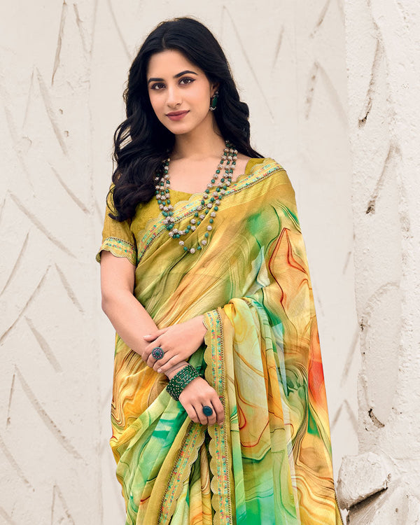 Vishal Prints Turmeric Yellow Designer Fancy Chiffon Digital Print Saree With Cut Work Border