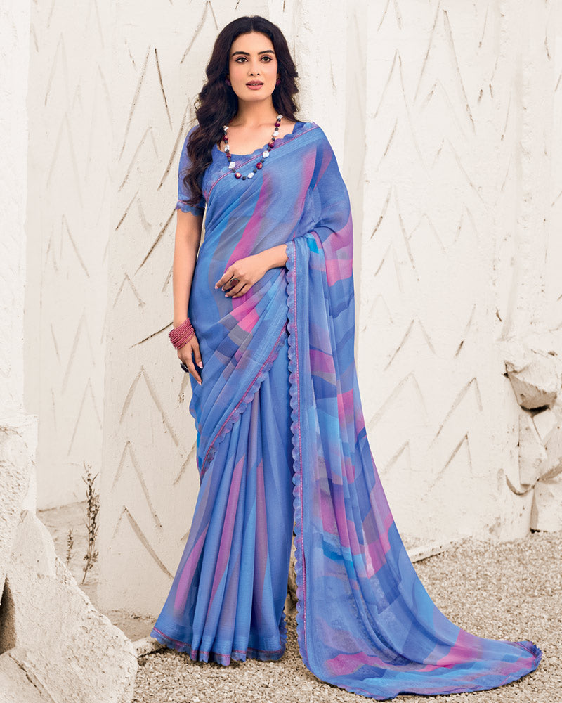Vishal Prints Dark Pastel Blue Designer Fancy Chiffon Digital Print Saree With Cut Work Border