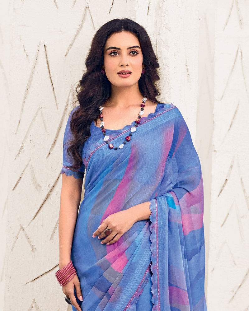 Vishal Prints Dark Pastel Blue Designer Fancy Chiffon Digital Print Saree With Cut Work Border