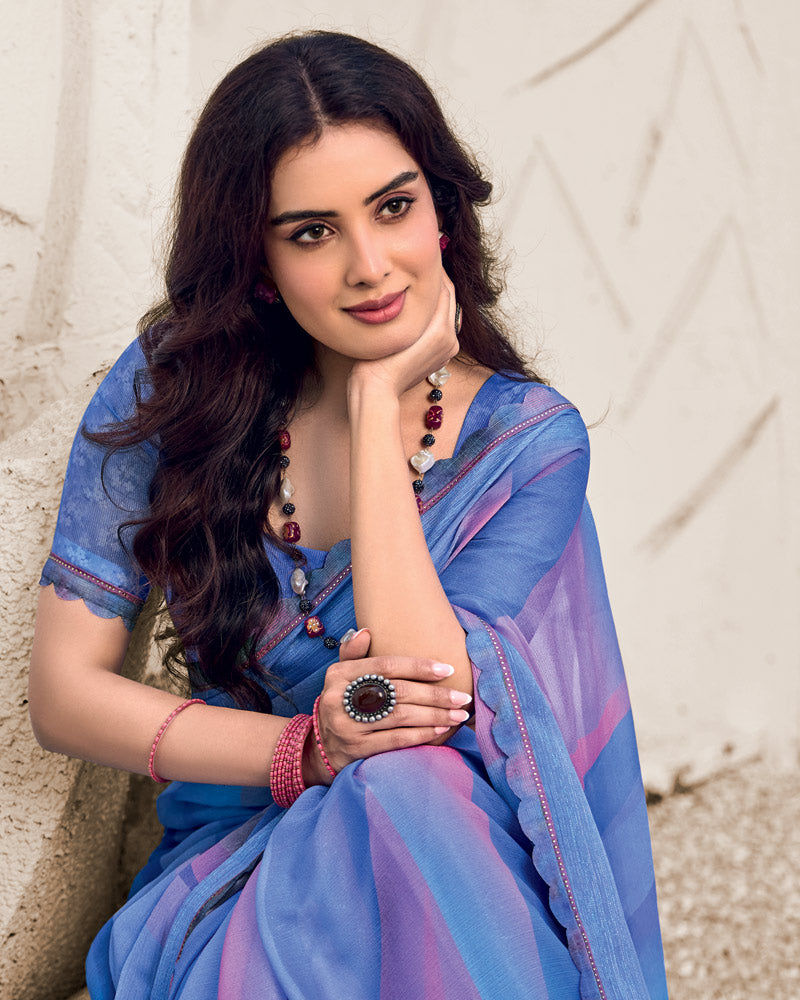 Vishal Prints Dark Pastel Blue Designer Fancy Chiffon Digital Print Saree With Cut Work Border